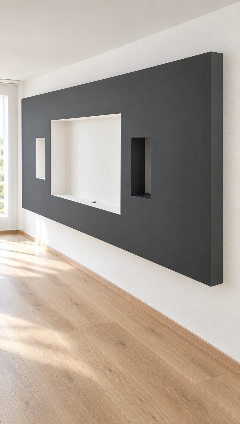Meuble TV mural gris foncé terminé, avec niche et étagère