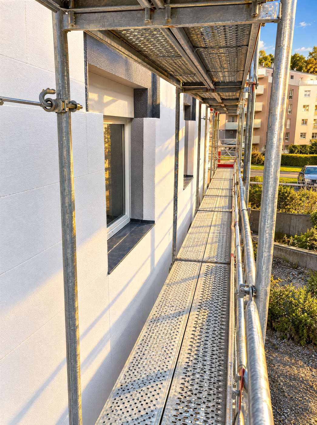 Façade d’immeuble sous échafaudage, panneaux isolants en cours de pose