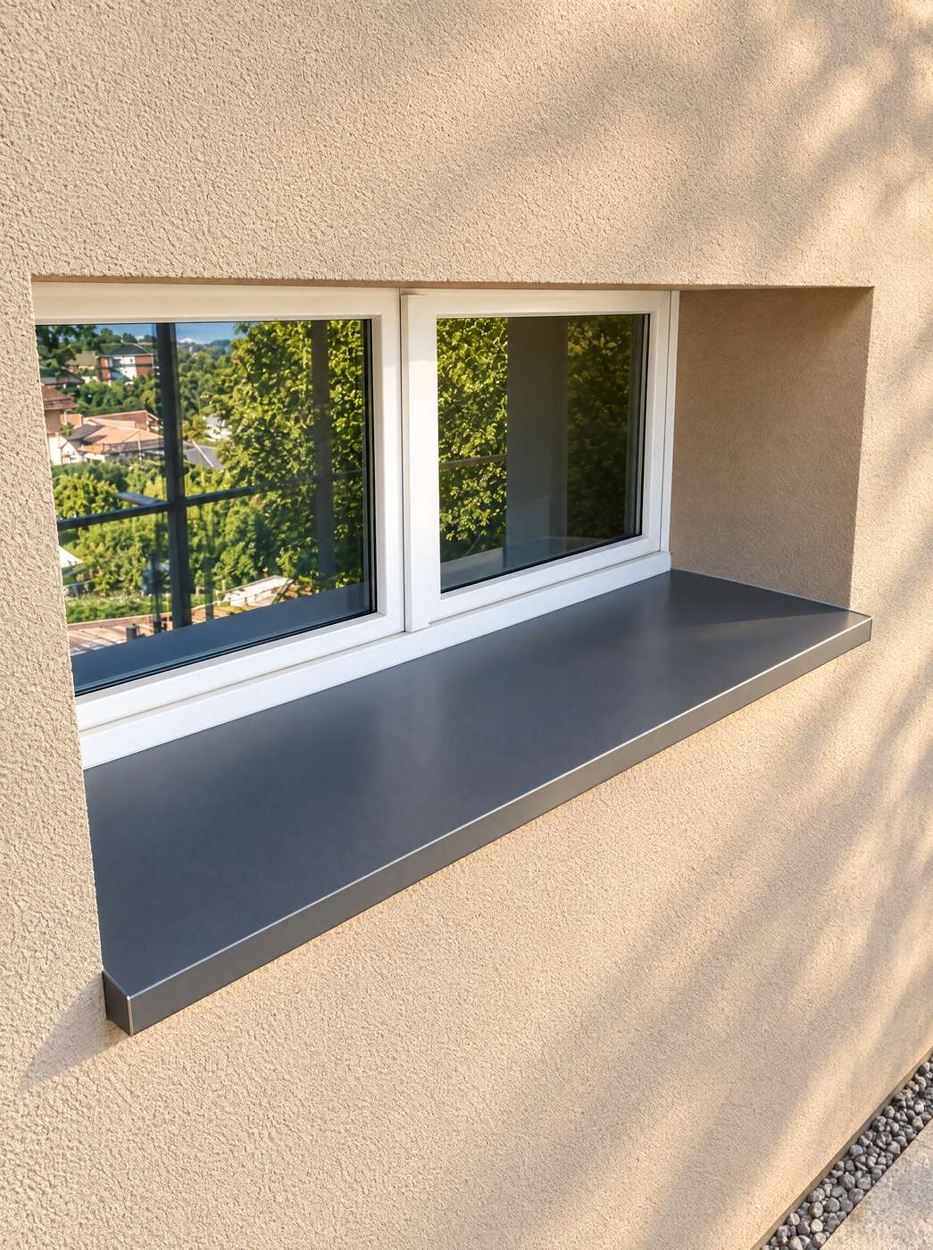 Crépi beige autour d’une fenêtre à tablette anthracite