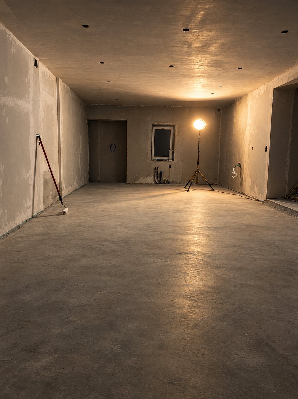 Intérieur brut, sol et murs en béton, lampe de chantier