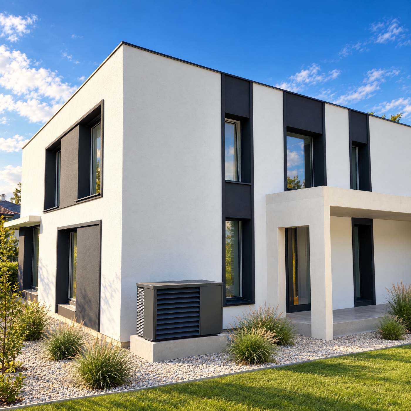 Maison neuve cubique, façade blanche et bandes anthracite, ciel bleu
