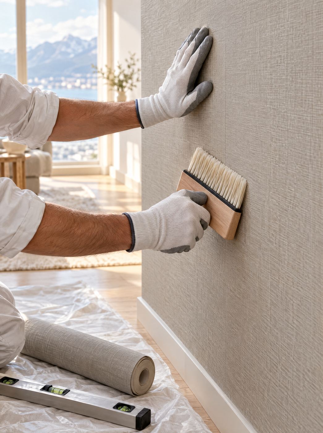 Pose d’un papier peint texturé, lissage à la brosse