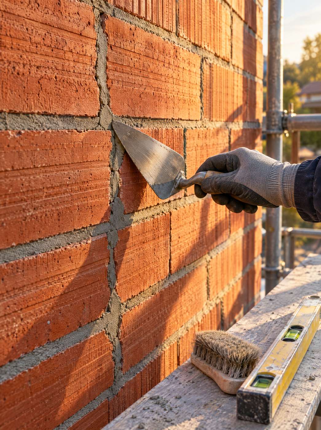 Maçonnerie en brique dont les fissures sont rebouchées à la truelle